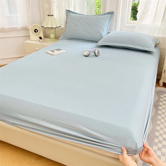 91家纺网 家纺一手货源 找家纺 梦舒羽 2025新款云感双层纱印花床笠宿舍纯色床垫保护套三件套 夏日蓝