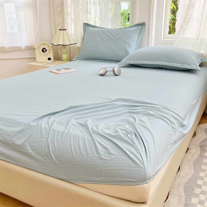91家纺网 家纺一手货源 找家纺 梦舒羽 2025新款云感双层纱印花床笠宿舍纯色床垫保护套三件套 夏日蓝