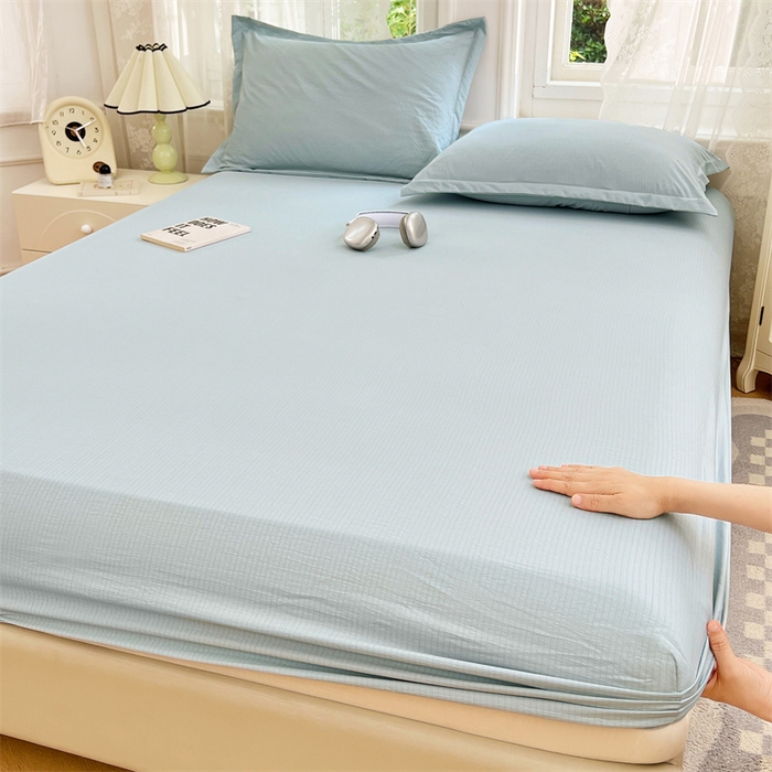 91家纺网 家纺一手货源 找家纺 梦舒羽 2025新款云感双层纱印花床笠宿舍纯色床垫保护套三件套 夏日蓝