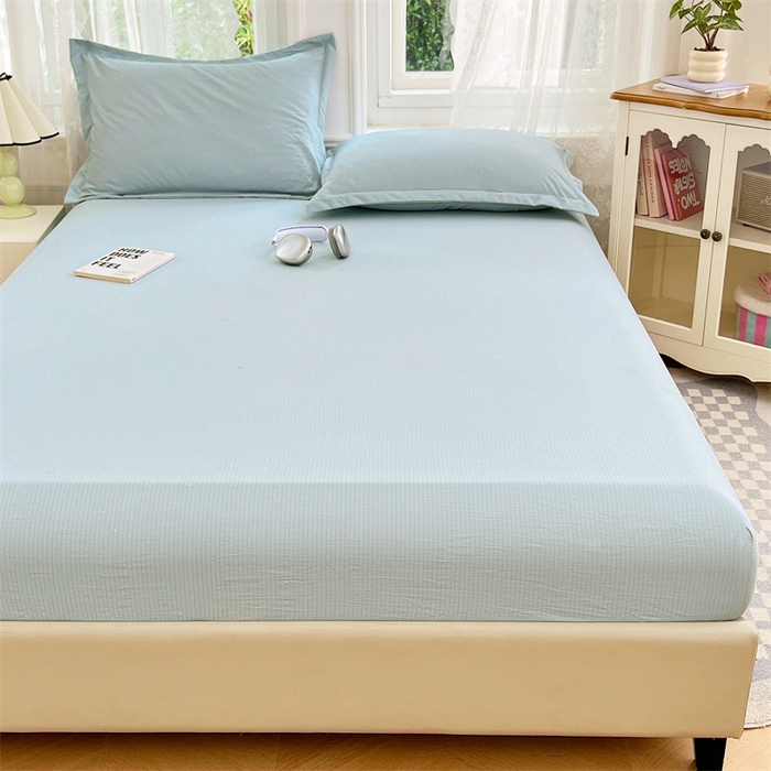 91家纺网 家纺一手货源 找家纺 梦舒羽 2025新款云感双层纱印花床笠宿舍纯色床垫保护套三件套 夏日蓝