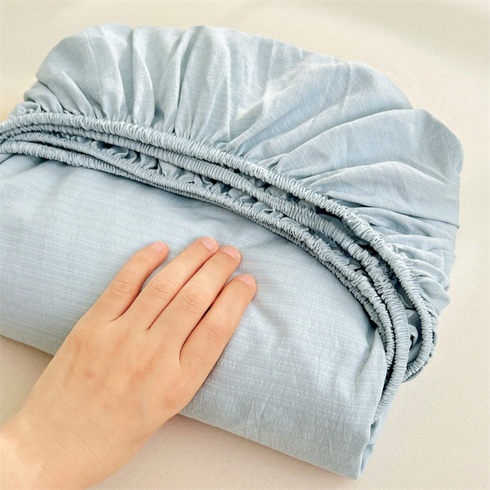 91家纺网 家纺一手货源 找家纺 梦舒羽 2025新款云感双层纱印花床笠宿舍纯色床垫保护套三件套 夏日蓝