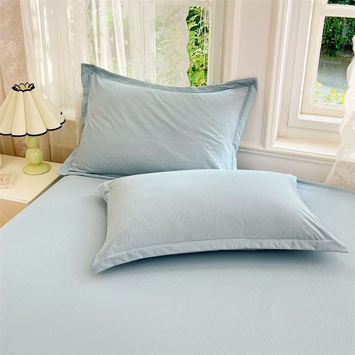 91家纺网 家纺一手货源 找家纺 梦舒羽 2025新款云感双层纱印花床笠宿舍纯色床垫保护套三件套 夏日蓝