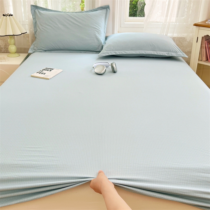 91家纺网 家纺一手货源 找家纺 梦舒羽 2025新款云感双层纱印花床笠宿舍纯色床垫保护套三件套 夏日蓝