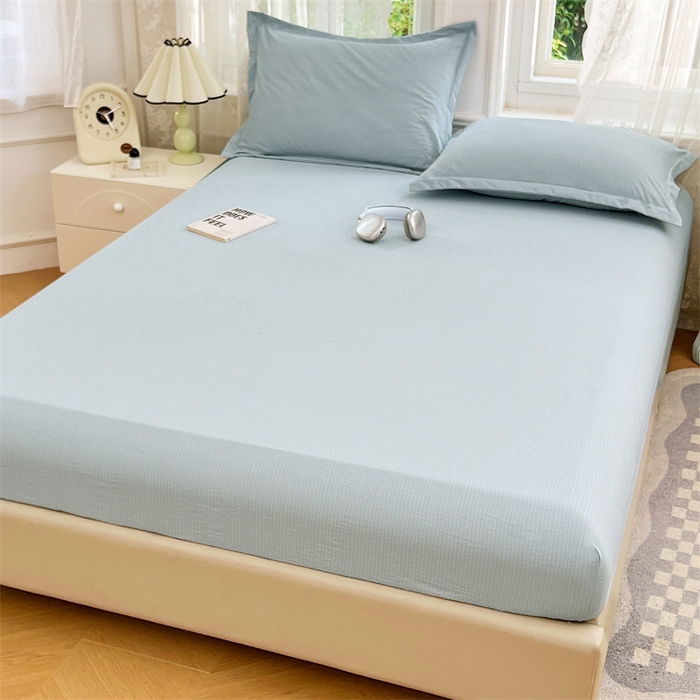 91家纺网 家纺一手货源 找家纺 梦舒羽 2025新款云感双层纱印花床笠宿舍纯色床垫保护套三件套 夏日蓝
