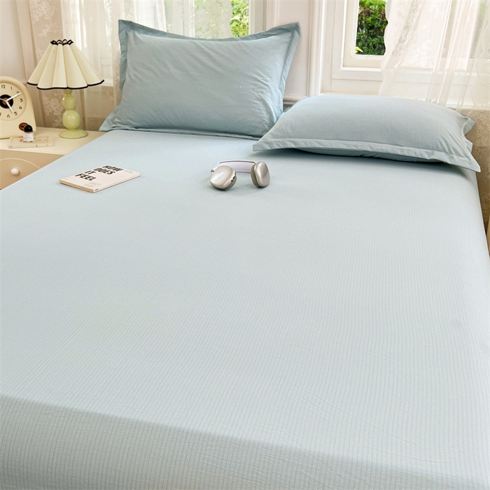 91家纺网 家纺一手货源 找家纺 梦舒羽 2025新款云感双层纱印花床笠宿舍纯色床垫保护套三件套 夏日蓝