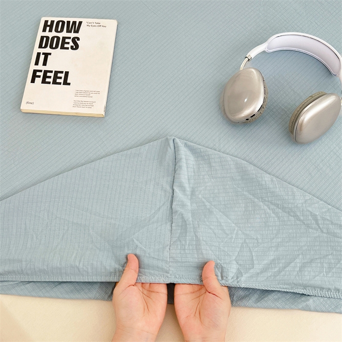 91家纺网 家纺一手货源 找家纺 梦舒羽 2025新款云感双层纱印花床笠宿舍纯色床垫保护套三件套 夏日蓝