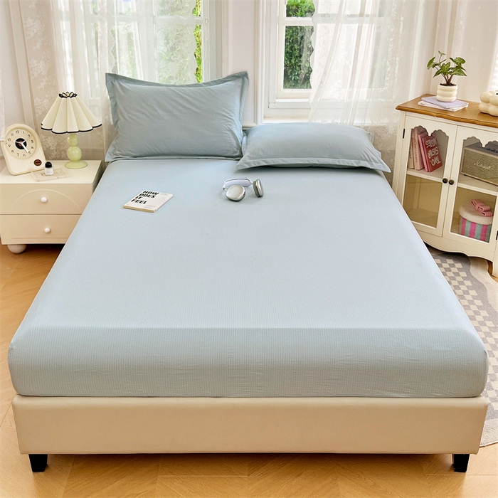 91家纺网 家纺一手货源 找家纺 梦舒羽 2025新款云感双层纱印花床笠宿舍纯色床垫保护套三件套 夏日蓝