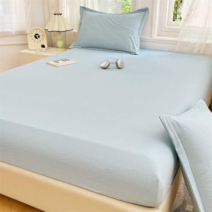 91家纺网 家纺一手货源 找家纺 梦舒羽 2025新款云感双层纱印花床笠宿舍纯色床垫保护套三件套 夏日蓝