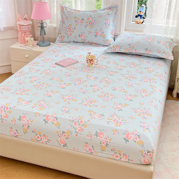 91家纺网 家纺一手货源 找家纺 梦舒羽 2025新款云感双层纱印花床笠宿舍纯色床垫保护套三件套 繁花入梦