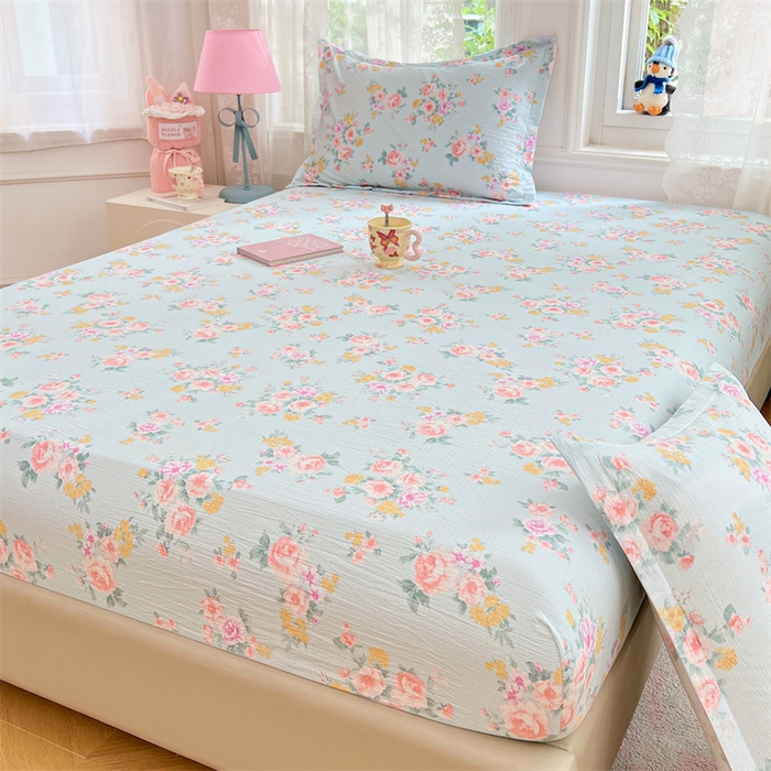 91家纺网 家纺一手货源 找家纺 梦舒羽 2025新款云感双层纱印花床笠宿舍纯色床垫保护套三件套 繁花入梦