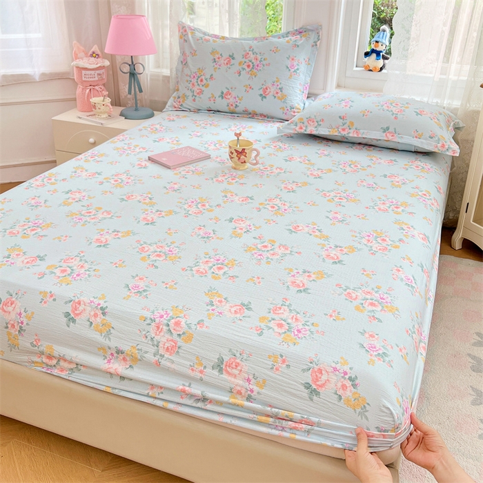 91家纺网 家纺一手货源 找家纺 梦舒羽 2025新款云感双层纱印花床笠宿舍纯色床垫保护套三件套 繁花入梦