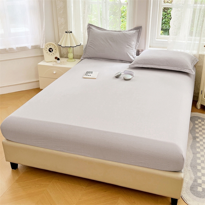 91家纺网 家纺一手货源 找家纺 梦舒羽 2025新款云感双层纱印花床笠宿舍纯色床垫保护套三件套 梦境灰