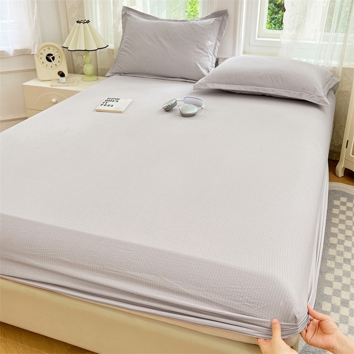 91家纺网 家纺一手货源 找家纺 梦舒羽 2025新款云感双层纱印花床笠宿舍纯色床垫保护套三件套 梦境灰