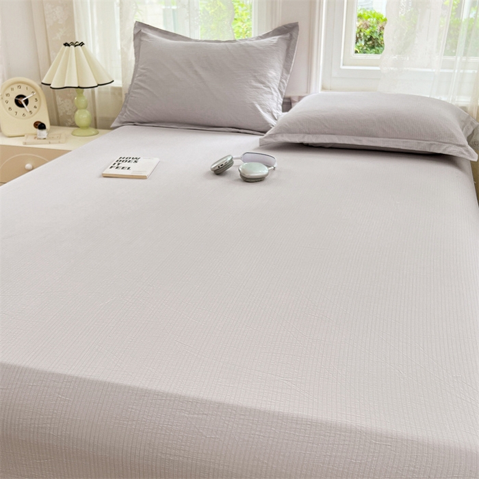 91家纺网 家纺一手货源 找家纺 梦舒羽 2025新款云感双层纱印花床笠宿舍纯色床垫保护套三件套 梦境灰