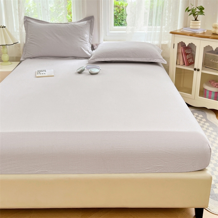 91家纺网 家纺一手货源 找家纺 梦舒羽 2025新款云感双层纱印花床笠宿舍纯色床垫保护套三件套 梦境灰