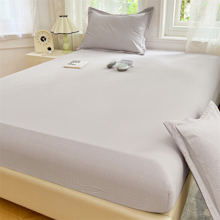 91家纺网 家纺一手货源 找家纺 梦舒羽 2025新款云感双层纱印花床笠宿舍纯色床垫保护套三件套 梦境灰