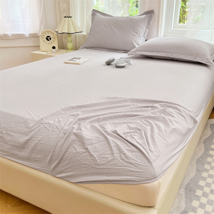 91家纺网 家纺一手货源 找家纺 梦舒羽 2025新款云感双层纱印花床笠宿舍纯色床垫保护套三件套 梦境灰