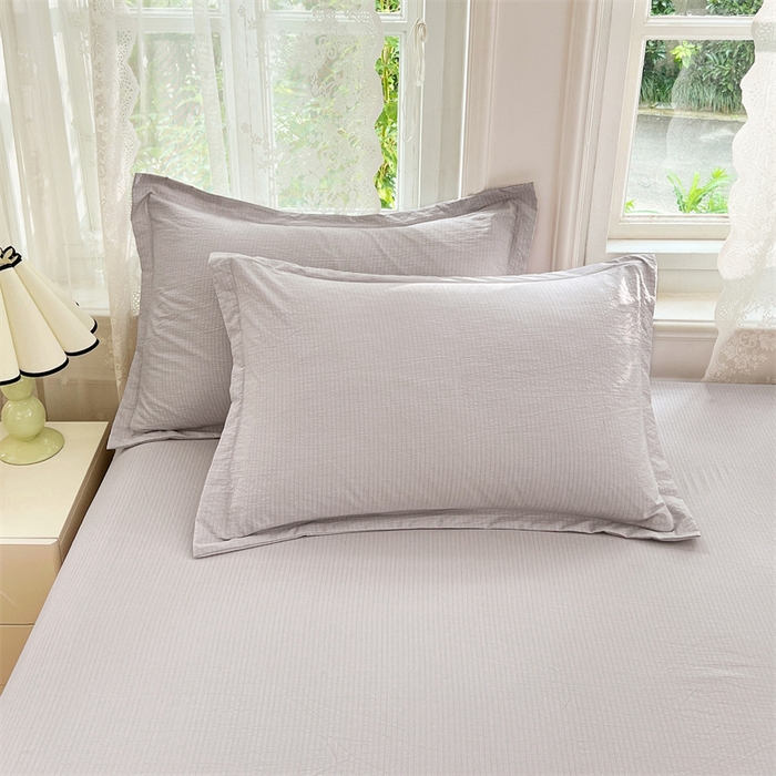 91家纺网 家纺一手货源 找家纺 梦舒羽 2025新款云感双层纱印花床笠宿舍纯色床垫保护套三件套 梦境灰