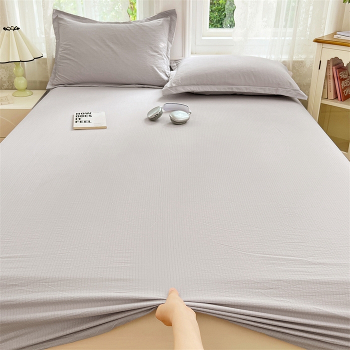 91家纺网 家纺一手货源 找家纺 梦舒羽 2025新款云感双层纱印花床笠宿舍纯色床垫保护套三件套 梦境灰