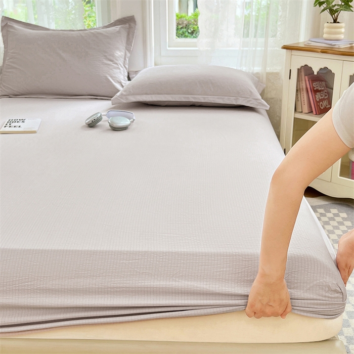 91家纺网 家纺一手货源 找家纺 梦舒羽 2025新款云感双层纱印花床笠宿舍纯色床垫保护套三件套 梦境灰