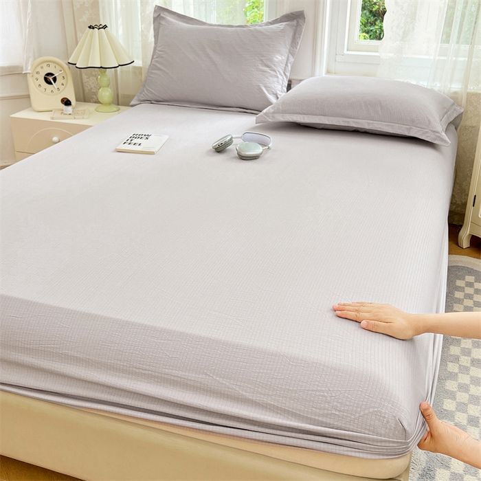 91家纺网 家纺一手货源 找家纺 梦舒羽 2025新款云感双层纱印花床笠宿舍纯色床垫保护套三件套 梦境灰