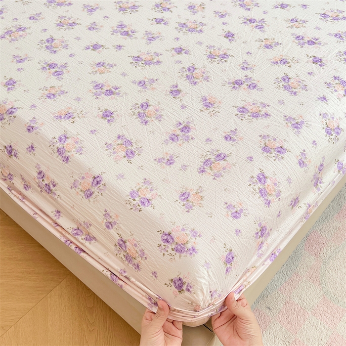 梦舒羽 2025新款云感双层纱印花床笠宿舍纯色床垫保护套三件套 紫薇花园