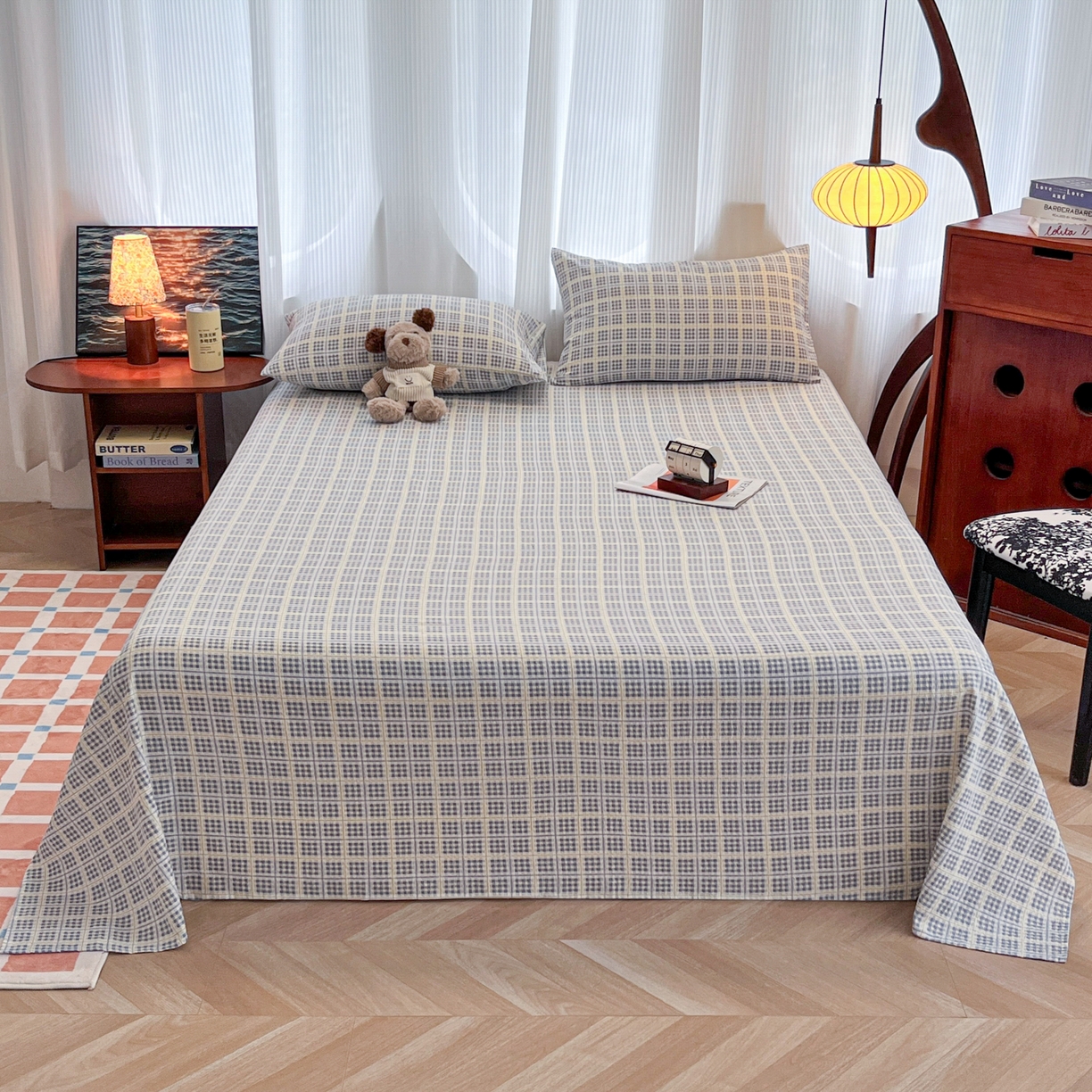 91家纺网 家纺一手货源 找家纺 韩巢家纺 2025新款双层纱格子复古风床单人学生宿舍单床单 床单单件 银河