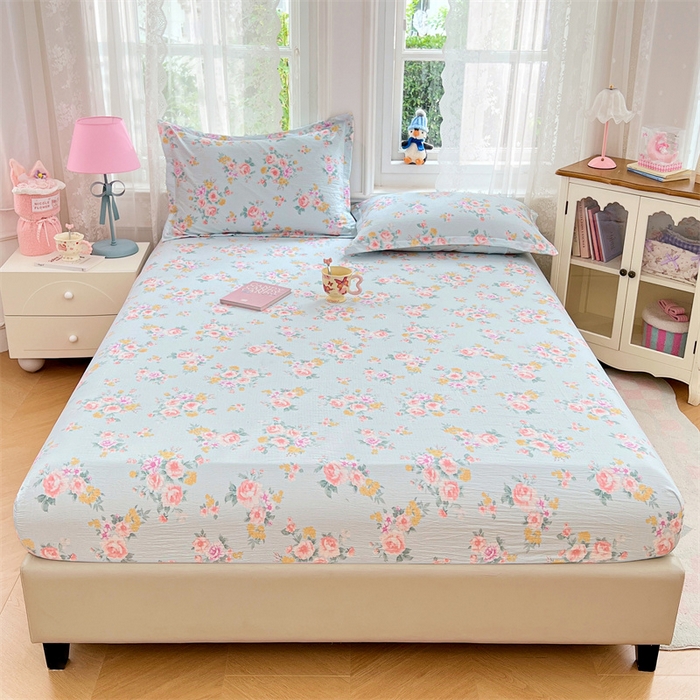 91家纺网 家纺一手货源 找家纺 梦舒羽 2025新款云感双层纱印花床笠宿舍纯色床垫保护套三件套 繁花入梦