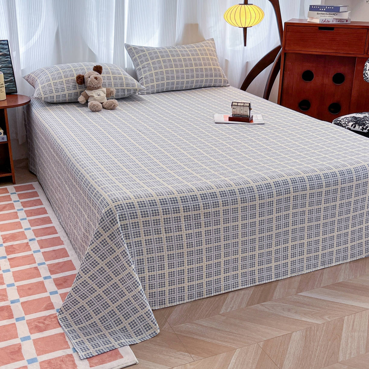 91家纺网 家纺一手货源 找家纺 韩巢家纺 2025新款双层纱格子复古风床单人学生宿舍单床单 床单单件 银河