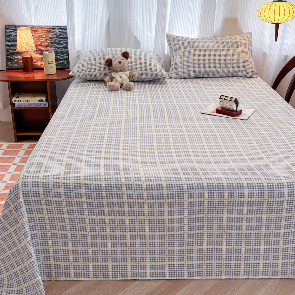 91家纺网 家纺一手货源 找家纺 韩巢家纺 2025新款双层纱格子复古风床单人学生宿舍单床单 床单单件 银河