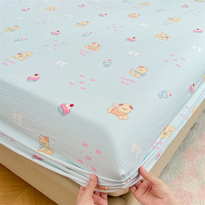 梦舒羽 2025新款云感双层纱印花床笠宿舍纯色床垫保护套三件套 甜心小狗