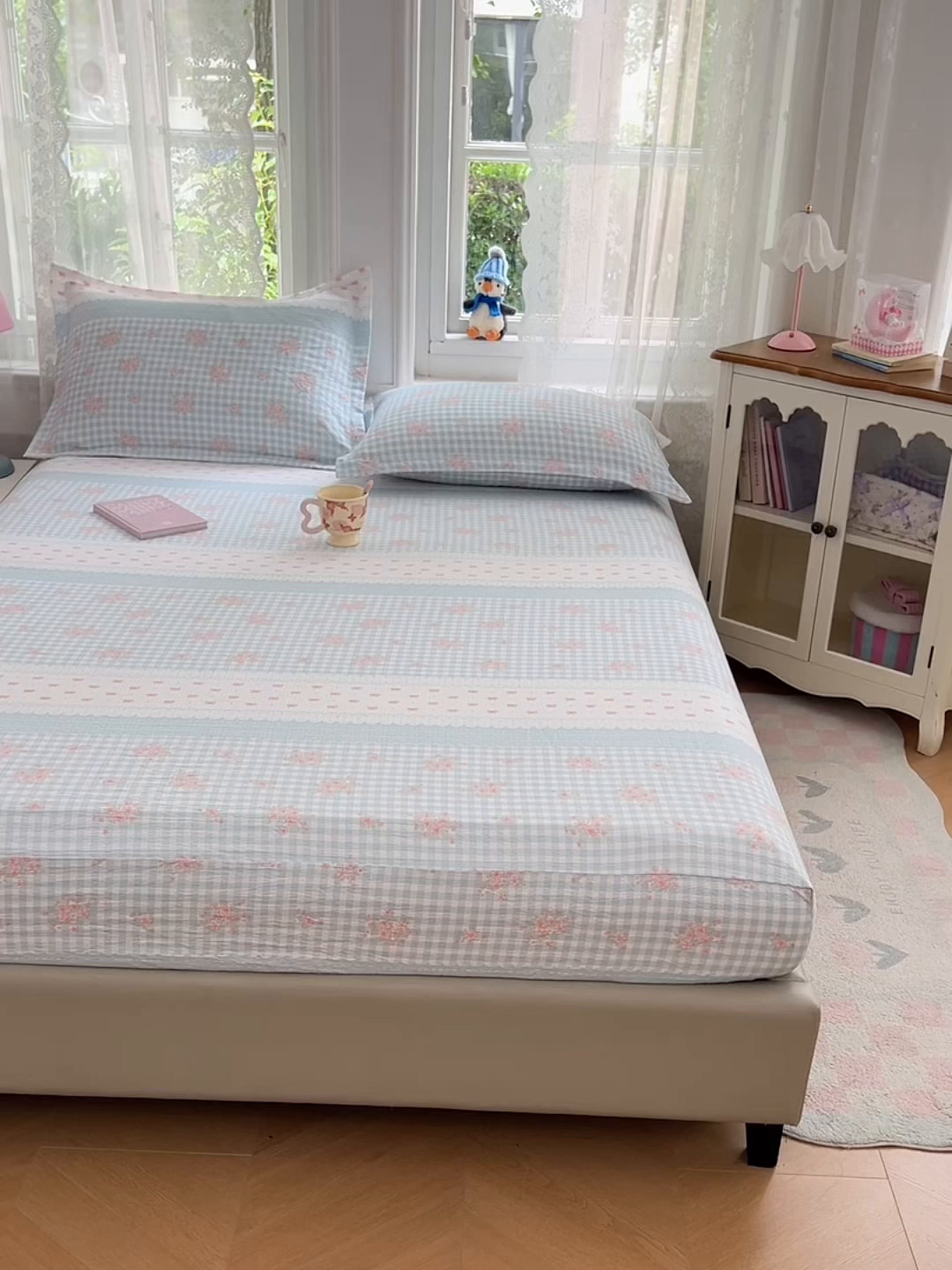 91家纺网 家纺一手货源 找家纺 梦舒羽 2025新款云感双层纱印花床笠宿舍纯色床垫保护套三件套 浮生若梦