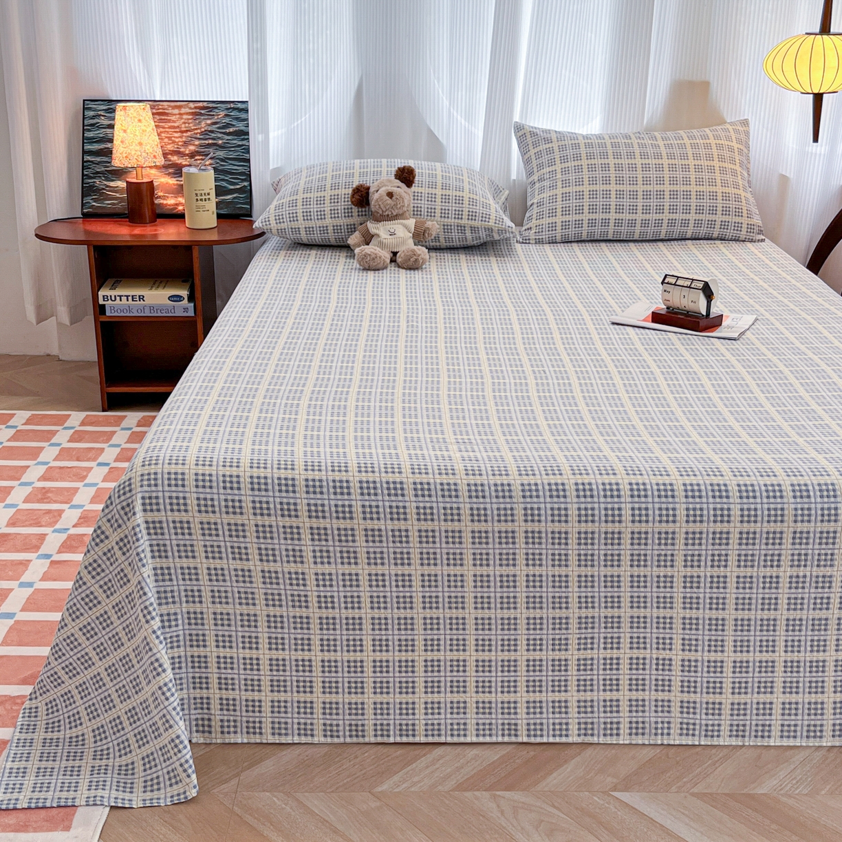 91家纺网 家纺一手货源 找家纺 韩巢家纺 2025新款双层纱格子复古风床单人学生宿舍单床单 床单单件 银河