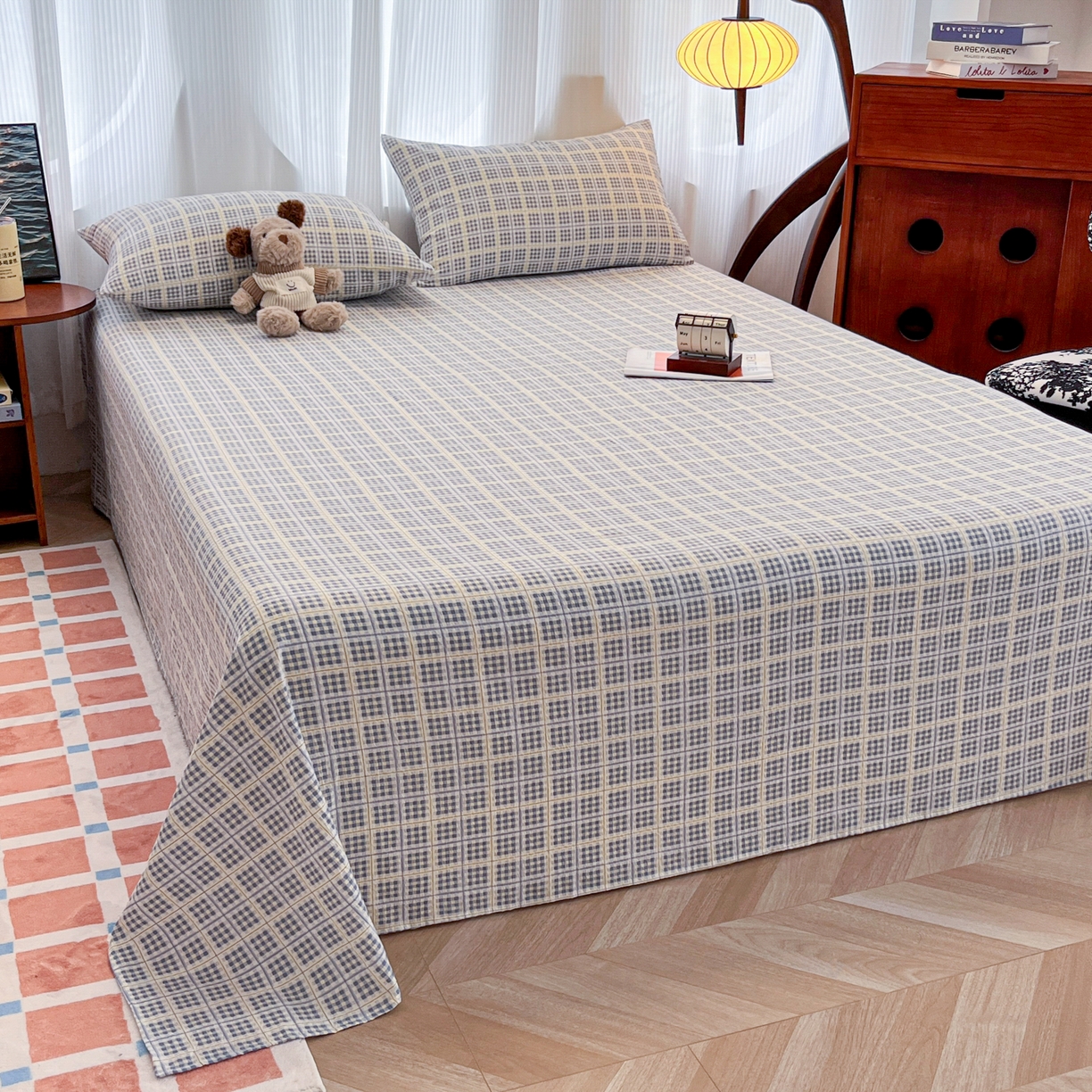 91家纺网 家纺一手货源 找家纺 韩巢家纺 2025新款双层纱格子复古风床单人学生宿舍单床单 床单单件 银河