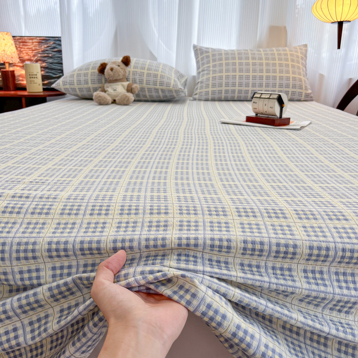 91家纺网 家纺一手货源 找家纺 韩巢家纺 2025新款双层纱格子复古风床单人学生宿舍单床单 床单单件 银河