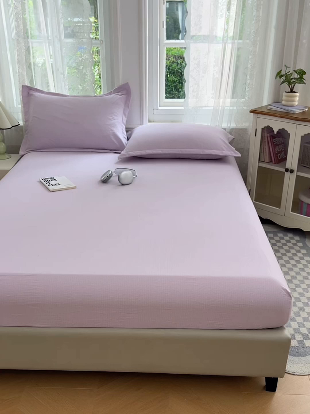 91家纺网 家纺一手货源 找家纺 梦舒羽 2025新款云感双层纱印花床笠宿舍纯色床垫保护套三件套 暮山紫