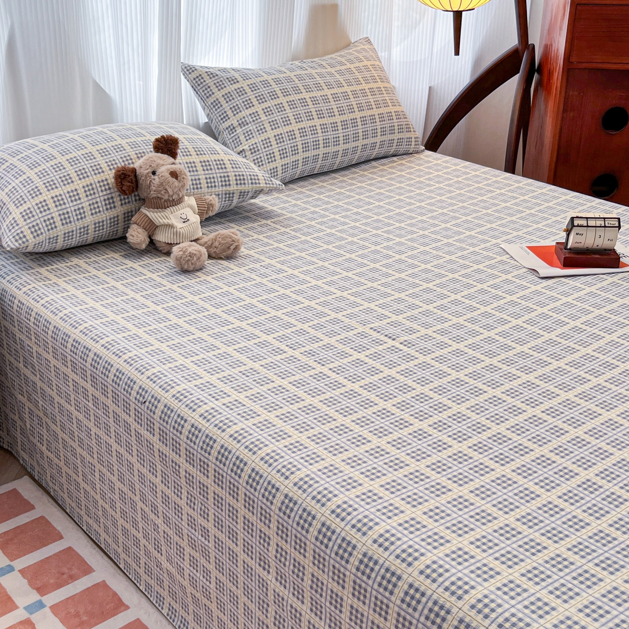 91家纺网 家纺一手货源 找家纺 韩巢家纺 2025新款双层纱格子复古风床单人学生宿舍单床单 床单单件 银河