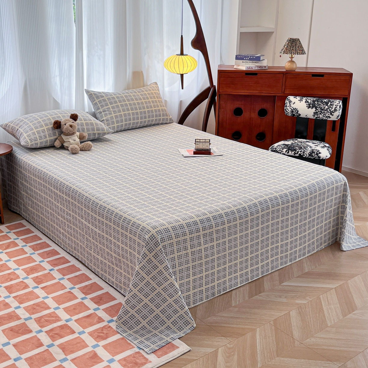 91家纺网 家纺一手货源 找家纺 韩巢家纺 2025新款双层纱格子复古风床单人学生宿舍单床单 床单单件 银河