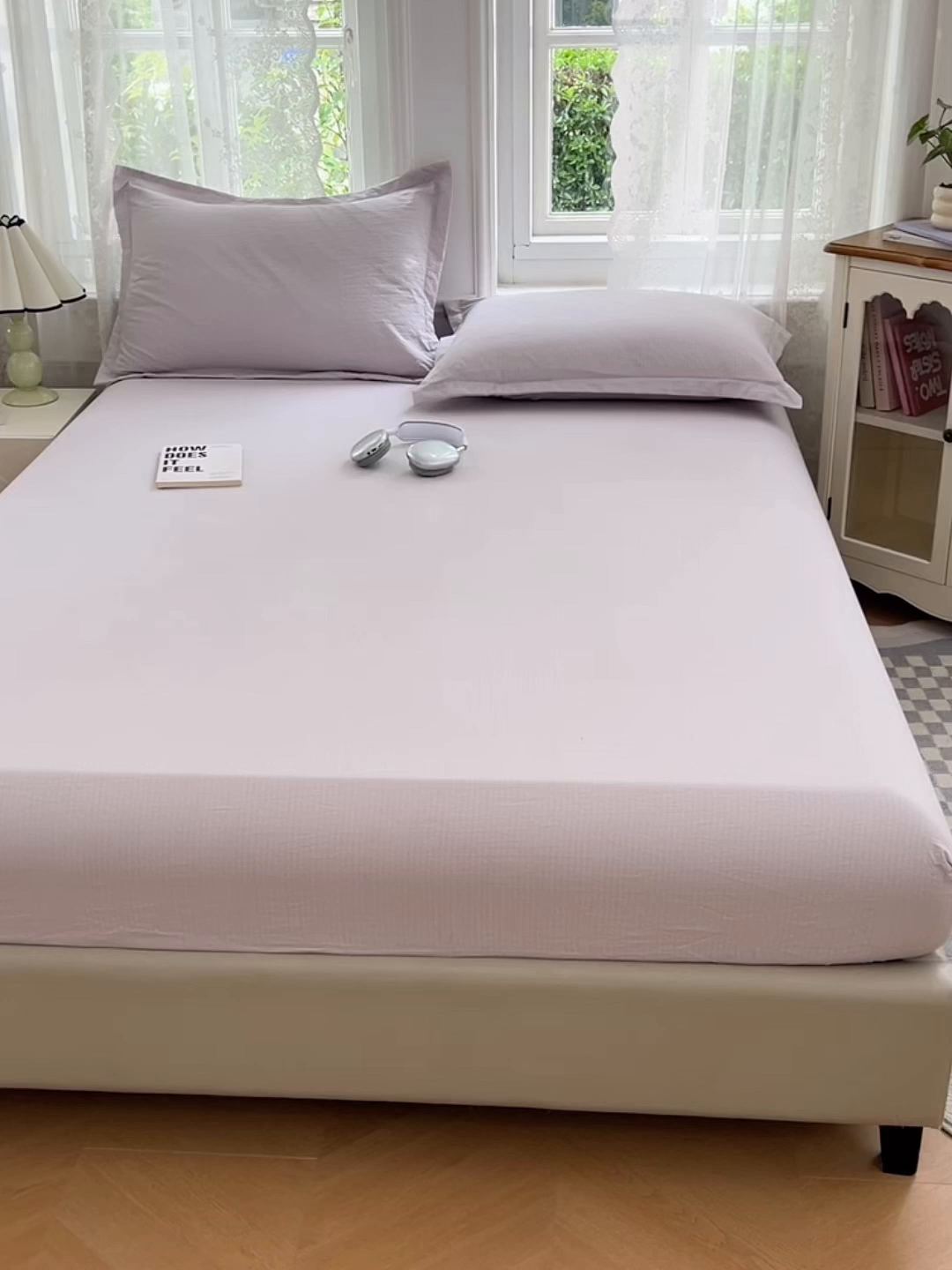 91家纺网 家纺一手货源 找家纺 梦舒羽 2025新款云感双层纱印花床笠宿舍纯色床垫保护套三件套 梦境灰