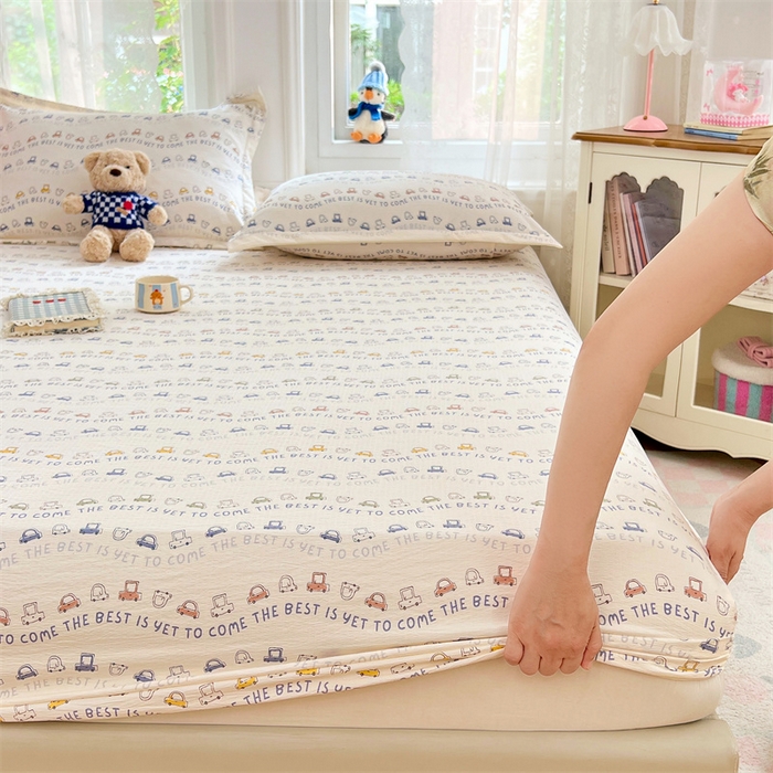 91家纺网 家纺一手货源 找家纺 （总）梦舒羽 2025新款云感双层纱印花床笠宿舍纯色床垫保护套三件套