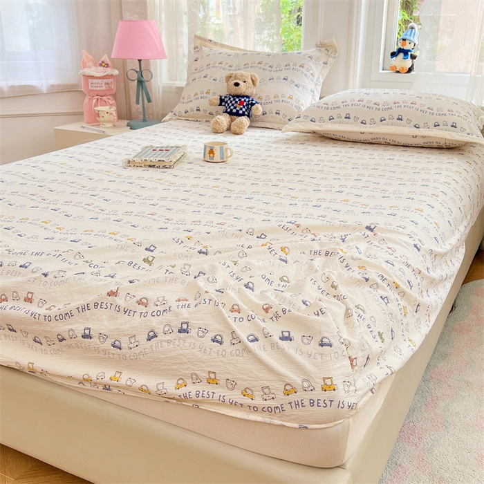 91家纺网 家纺一手货源 找家纺 （总）梦舒羽 2025新款云感双层纱印花床笠宿舍纯色床垫保护套三件套