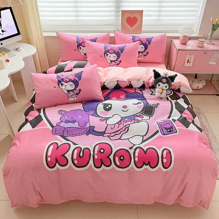 小叮当家纺仓储工厂店 2025新款大版全棉纯棉数码印花三丽鸥系列四件套 飞吻库洛米