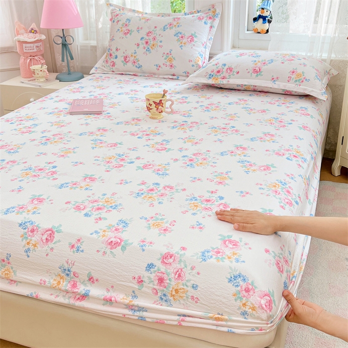 91家纺网 家纺一手货源 找家纺 圣比熊 2025新款云感双层纱印花床笠宿舍纯色床垫保护套三件套 朝花夕拾