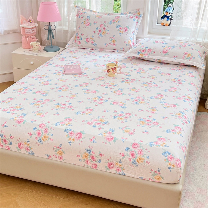 91家纺网 家纺一手货源 找家纺 圣比熊 2025新款云感双层纱印花床笠宿舍纯色床垫保护套三件套 朝花夕拾