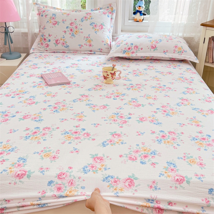 91家纺网 家纺一手货源 找家纺 圣比熊 2025新款云感双层纱印花床笠宿舍纯色床垫保护套三件套 朝花夕拾