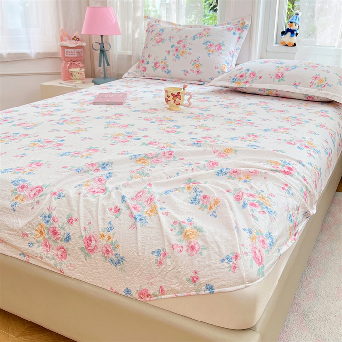 91家纺网 家纺一手货源 找家纺 圣比熊 2025新款云感双层纱印花床笠宿舍纯色床垫保护套三件套 朝花夕拾