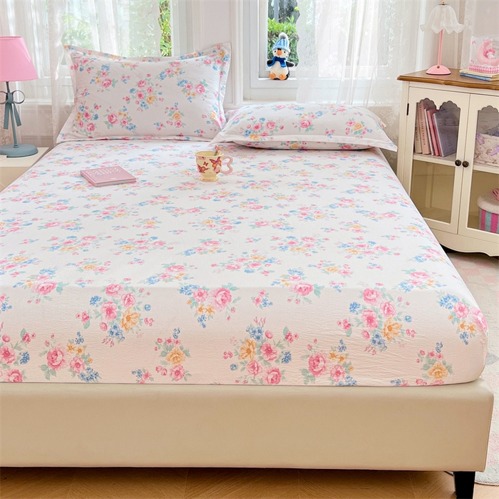 91家纺网 家纺一手货源 找家纺 圣比熊 2025新款云感双层纱印花床笠宿舍纯色床垫保护套三件套 朝花夕拾