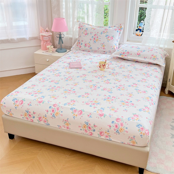 91家纺网 家纺一手货源 找家纺 圣比熊 2025新款云感双层纱印花床笠宿舍纯色床垫保护套三件套 朝花夕拾