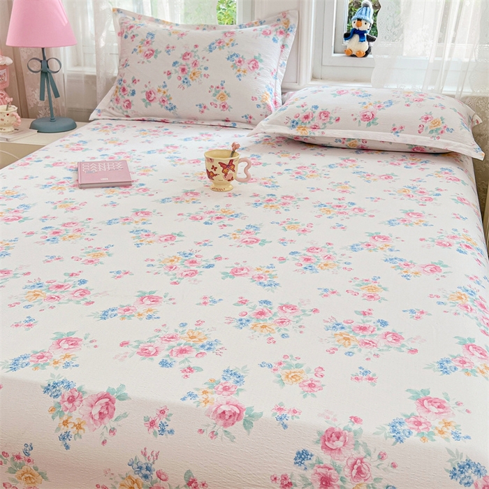 91家纺网 家纺一手货源 找家纺 圣比熊 2025新款云感双层纱印花床笠宿舍纯色床垫保护套三件套 朝花夕拾