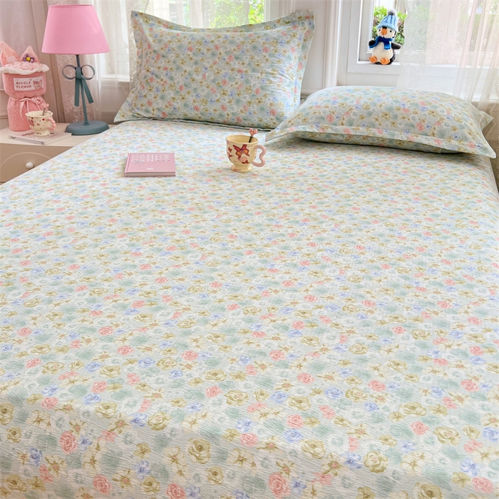 91家纺网 家纺一手货源 找家纺 圣比熊 2025新款云感双层纱印花床笠宿舍纯色床垫保护套三件套 春日初见